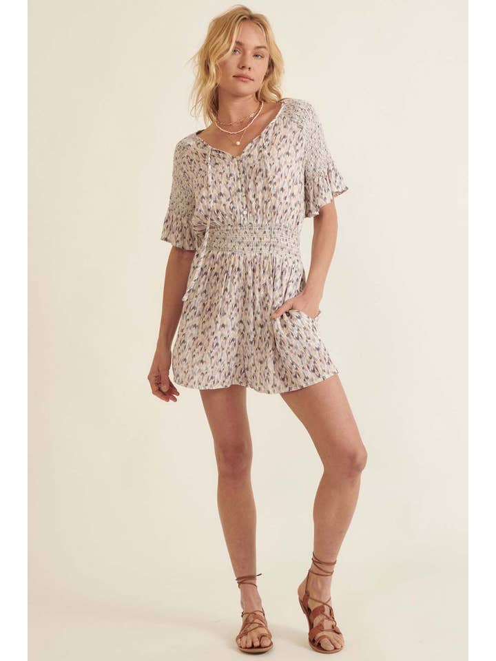 Grey Lavender Abstract-Print Ruffle Smocked-Sleeve Pocket Romper for wholesale on Faire
