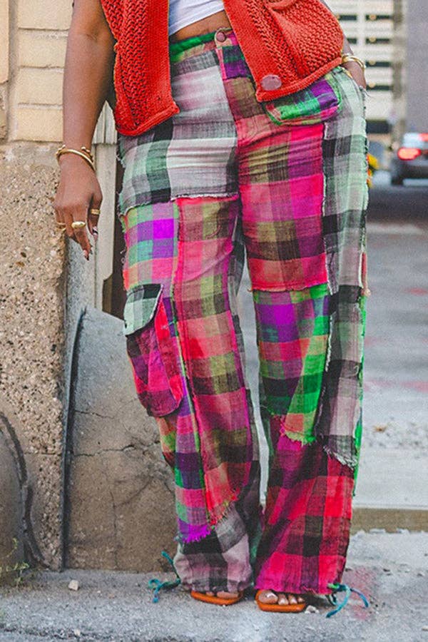 Chicto - Vente Pantalon – femme - Pantalon droit à carreaux color block pour femme5