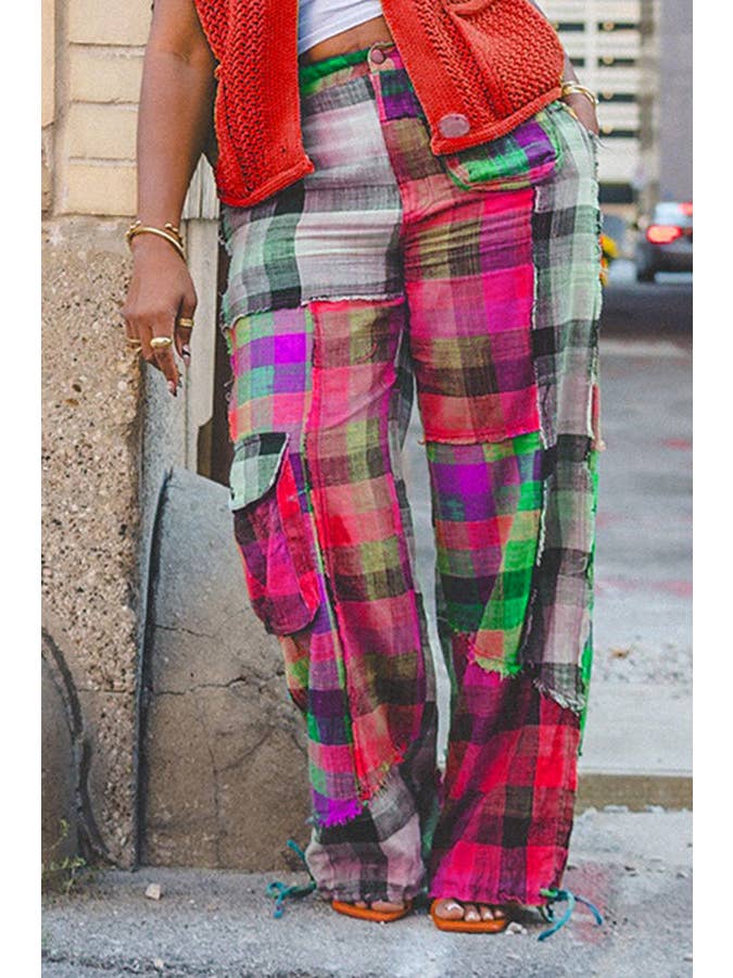 Chicto - Vente Pantalon – femme - Pantalon droit à carreaux color block pour femme5