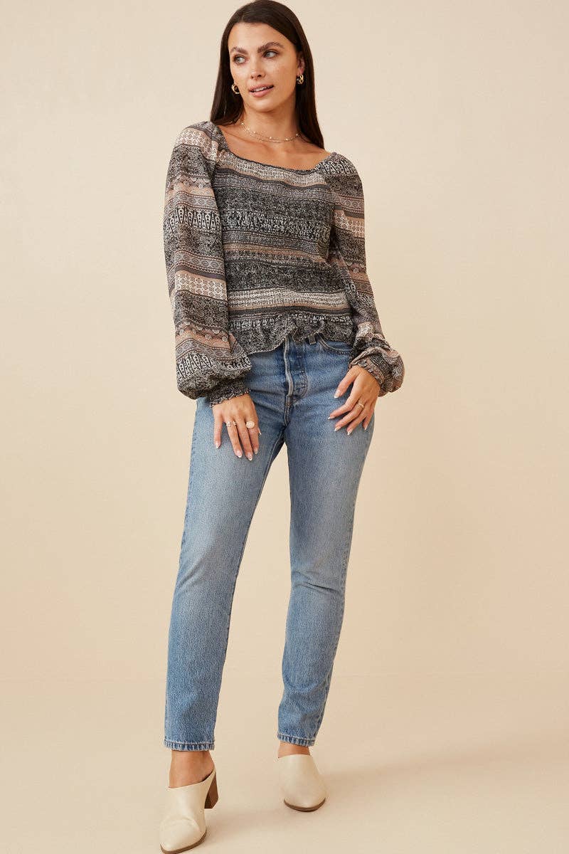 Black Womens Mixed Print Smocked Square Neck Top for wholesale on Faire5