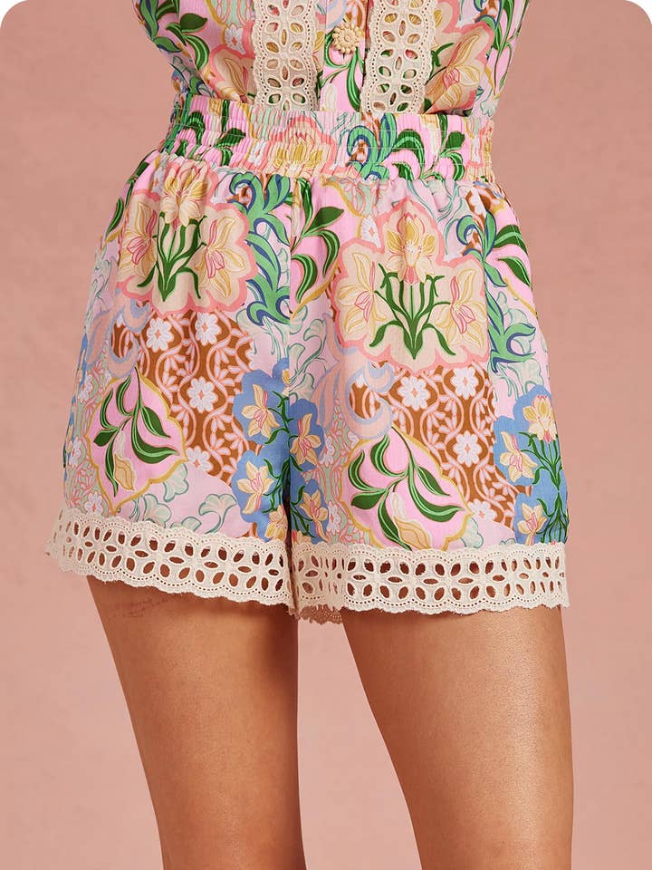 Garden Party Crochet Trim Satin Shorts for wholesale by Strut & Bolt