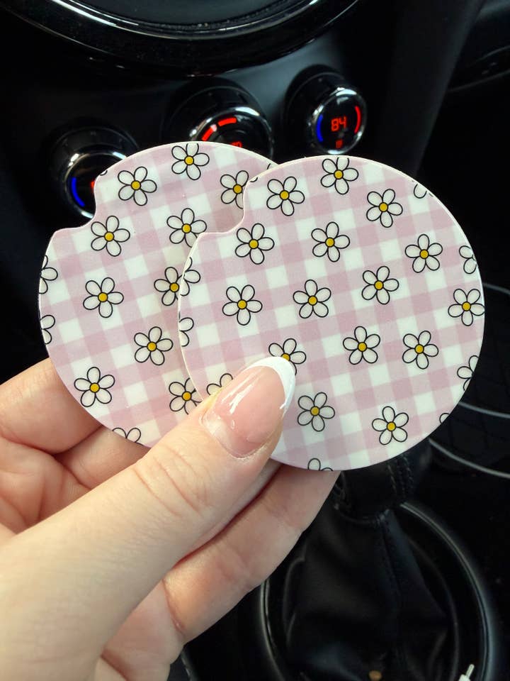 Pink Checkered Daisies Car Coasters for wholesale by DesignedbyKendal