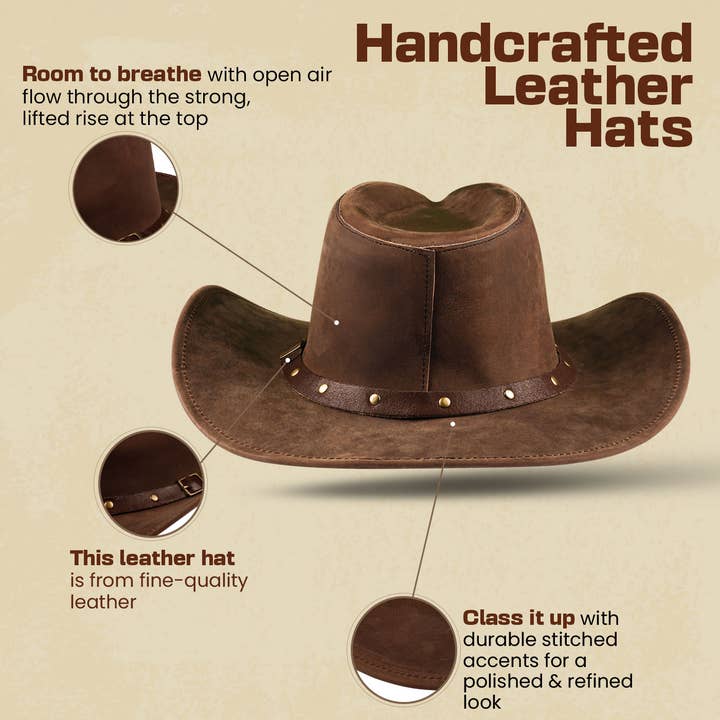 Hadzam - Wholesale Cowboy Hat - Unisex - Unisex Brown Shapeable Wide Brim Western Leather Cowboy Hat