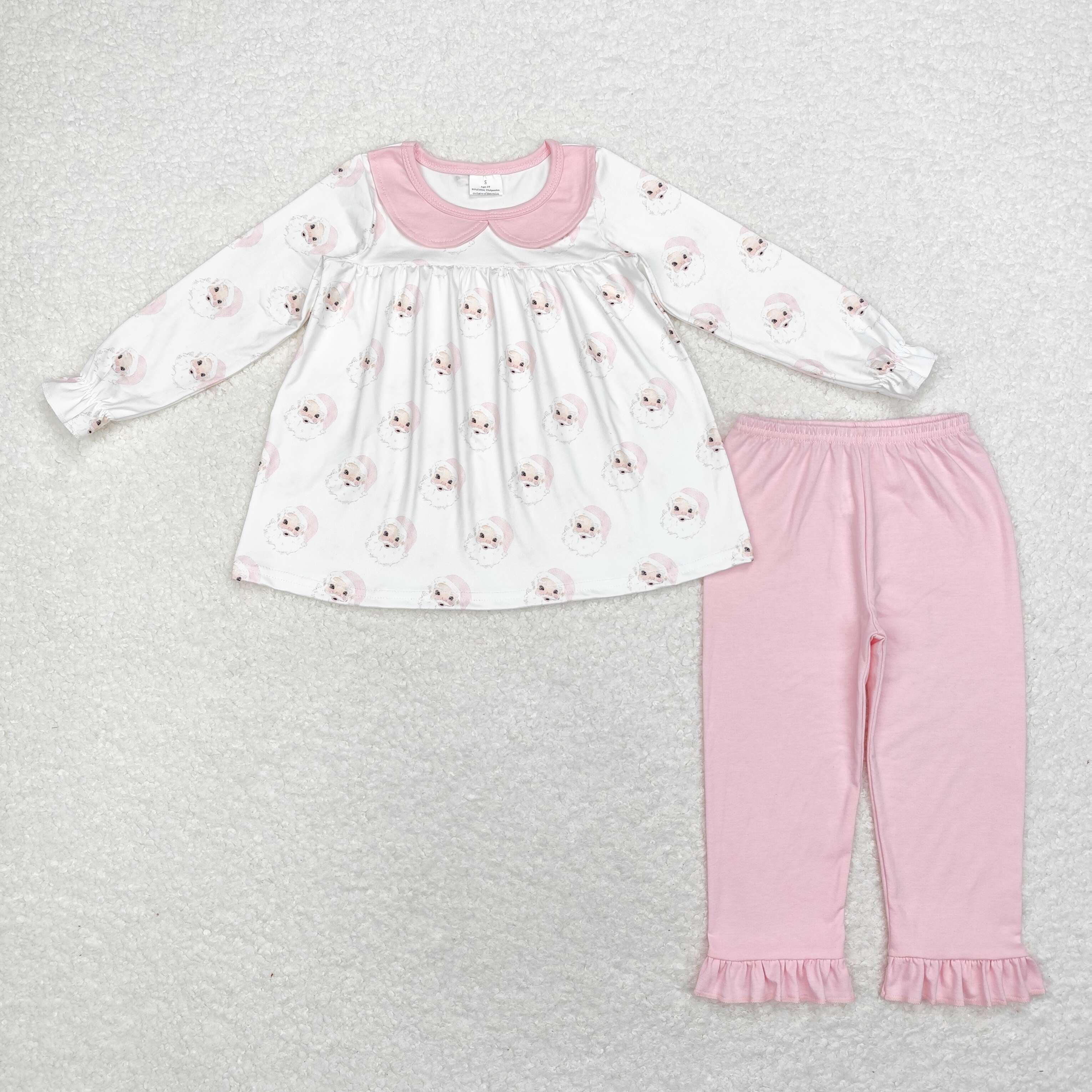 Aier Wholesale - Vente Ensemble haut et pantalon – enfant - Ensemble de vêtements de Noël pour bébés filles avec manches longues à volants, tunique et pantalon avec motifs de Père Noël, pain d'épice et sapins.4