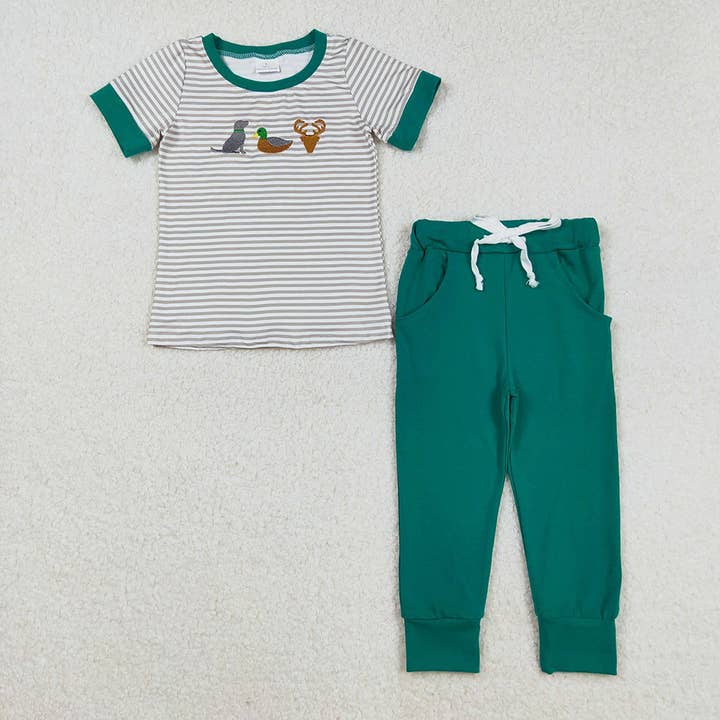 Embroidery Duck Deer Dog Baby Boys Stripes Top Pockets Pants Sets for wholesale by Aier Wholesale