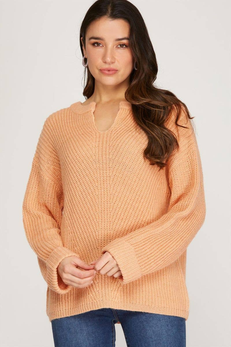 PEACH V-NECK SLIT KNIT LONG SLEEVES SWEATER for wholesale on Faire0