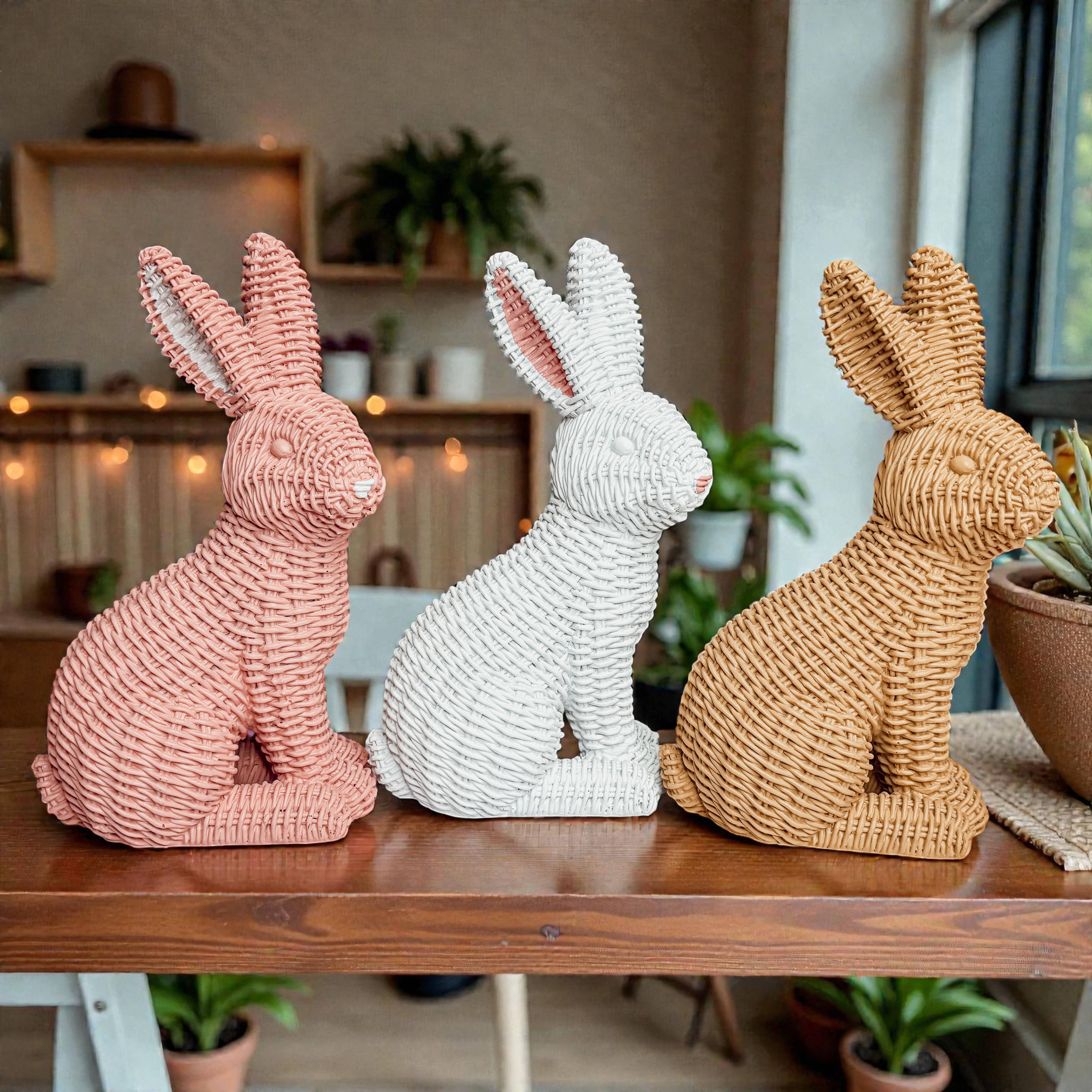 Gia Roma - Wholesale Sculpture - Easter Farmhouse Home Decor, Resin Bunny Figurine Rattan 37