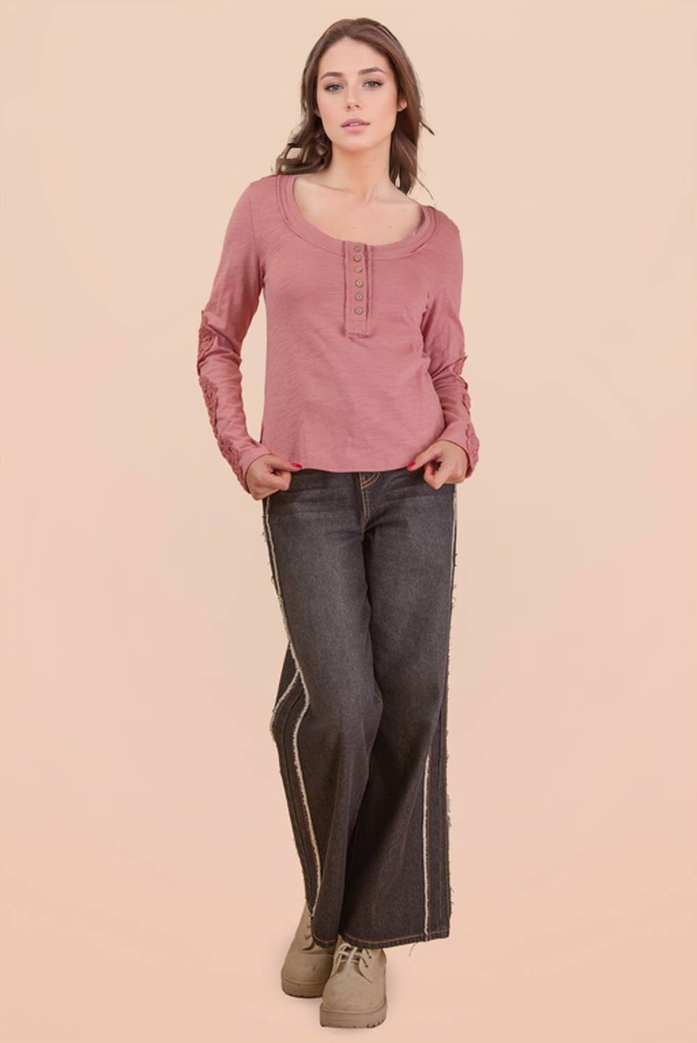 VERY J - Wholesale Knit Top - Women's - NT12252-Sleeve Lace Trim Solid Knit Top5