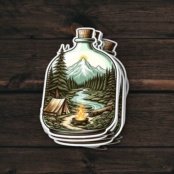 Camp Site in a Bottle Sticker | Summer Camping Vinyl Decal for wholesale by PiggyPrintStickers