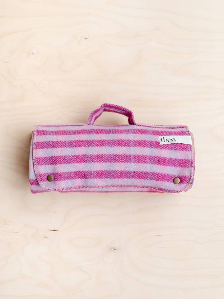 Recycled Wool Small Picnic Blanket in Pink Micro Gingham for wholesale by TBCo