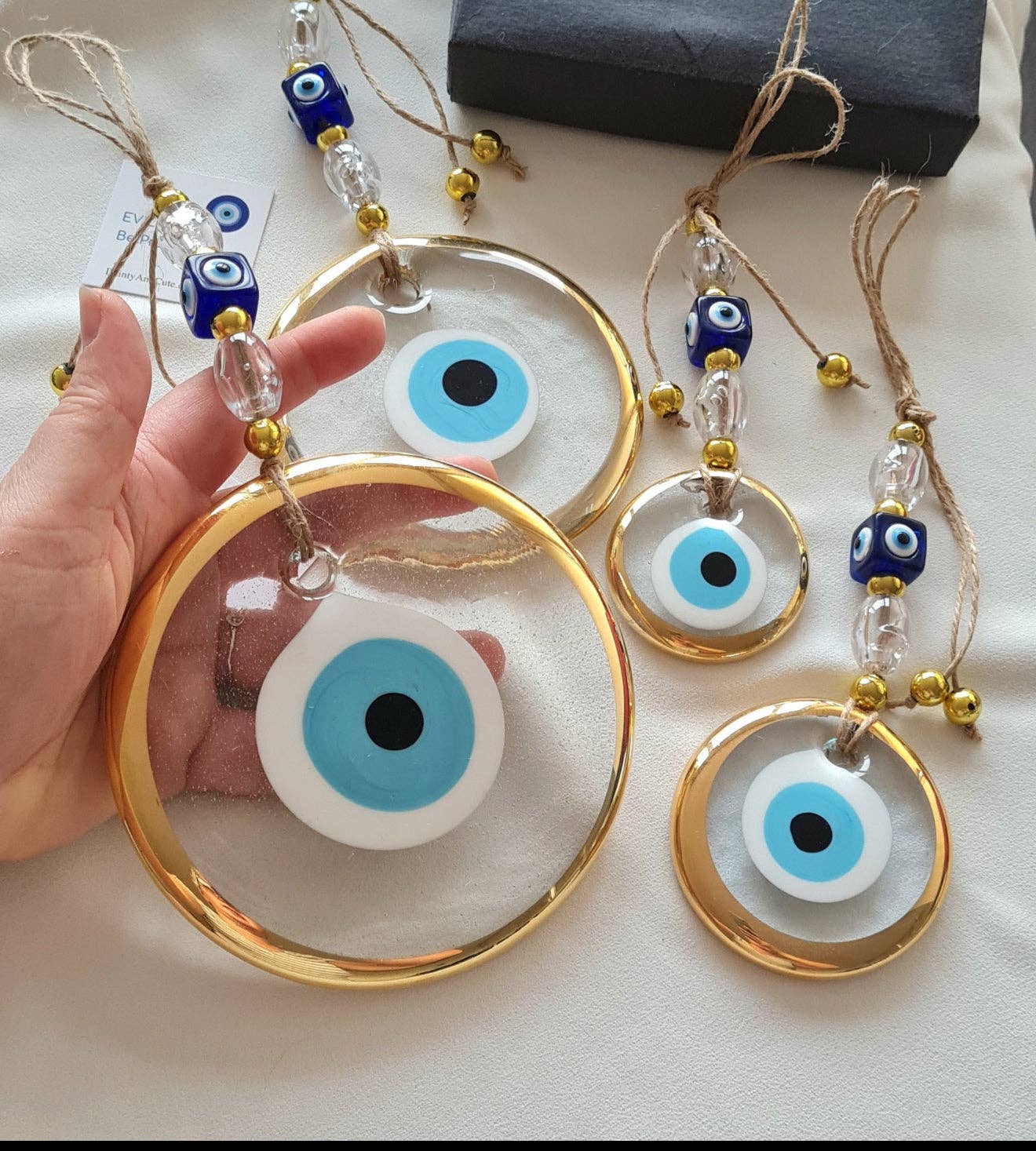 Luuma Home - Wholesale Ornament - Handmade Evil Eye Wall Hanging Gold Framed Clear Glass0
