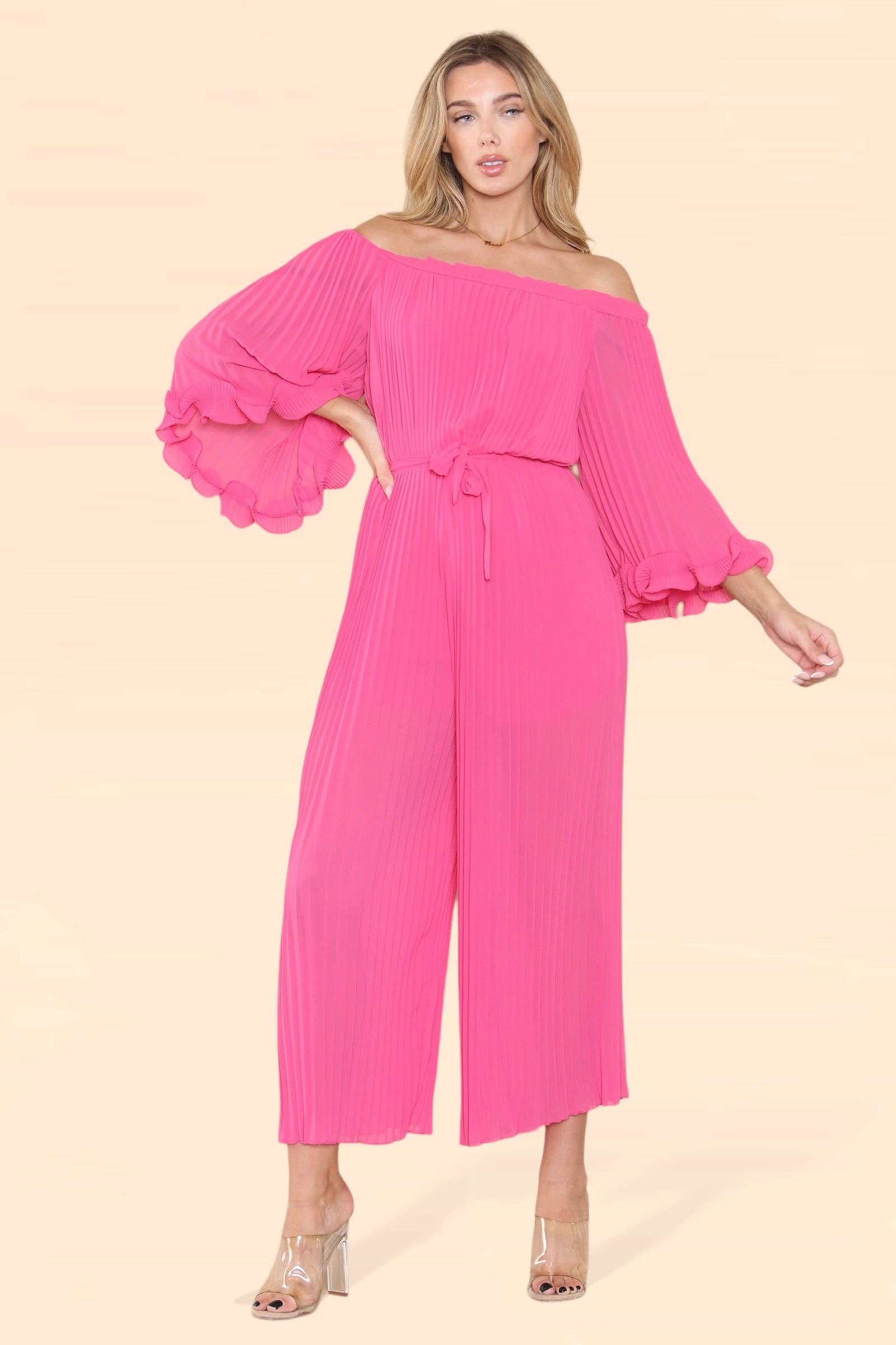 WHITE Sofia Bardot Pleated Frill Jumpsuit for wholesale on Faire12