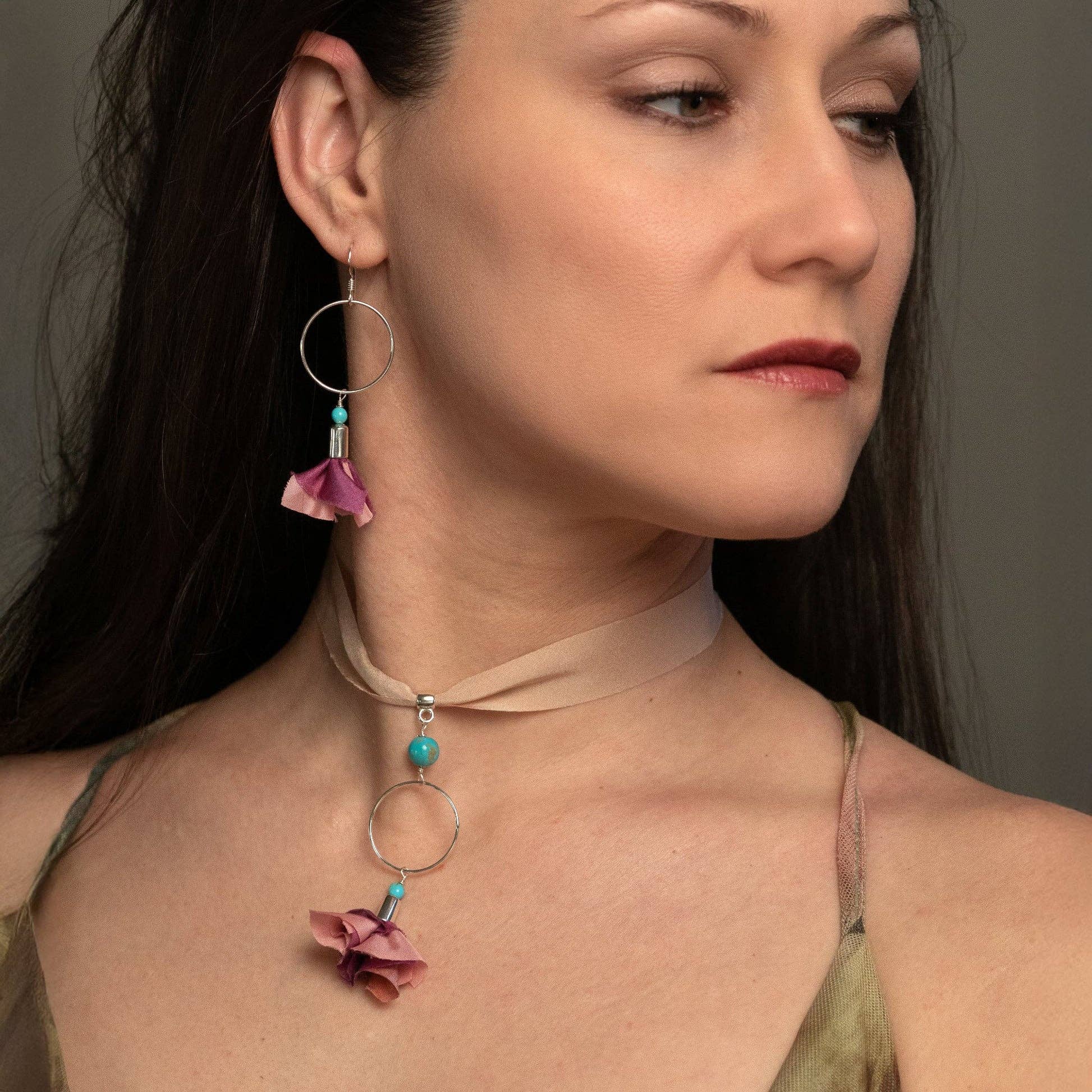 Buckaroo Bling LLC dba Bling Boheme - Wholesale Dangle Earrings - Long Sterling Silver Earrings with Pink Flower and Turquoise2