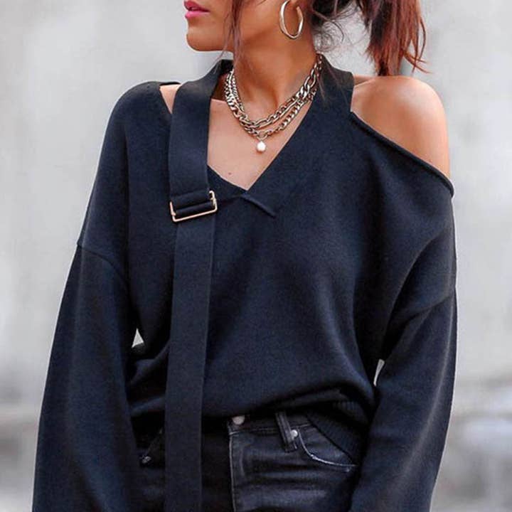 Casual Pullover Cold Shoulder Knit Top for wholesale by Tourtiwi