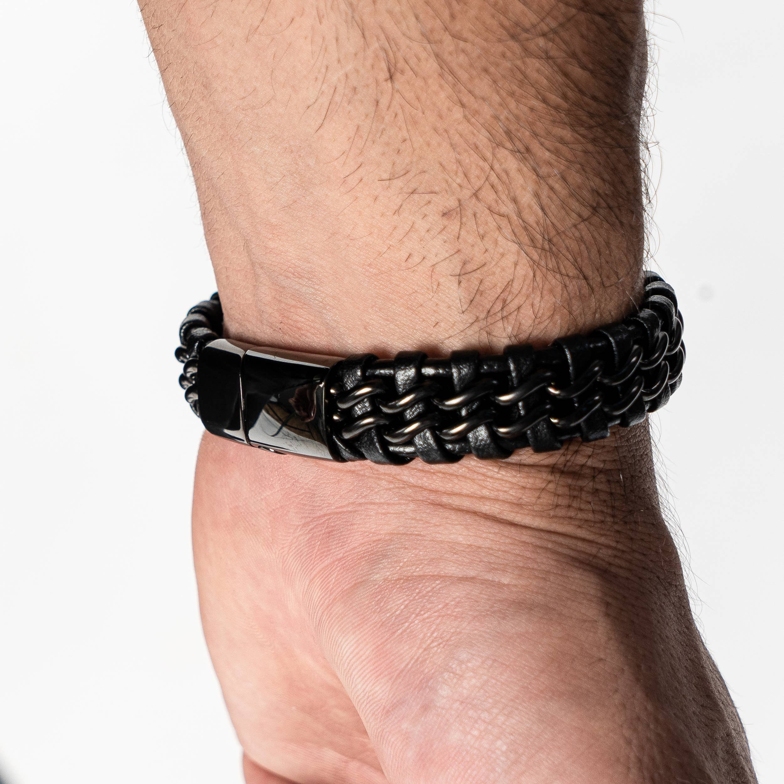 SERASAR – wholesale Link & chain bracelet – Leather bracelet “Steel” - black - B0125