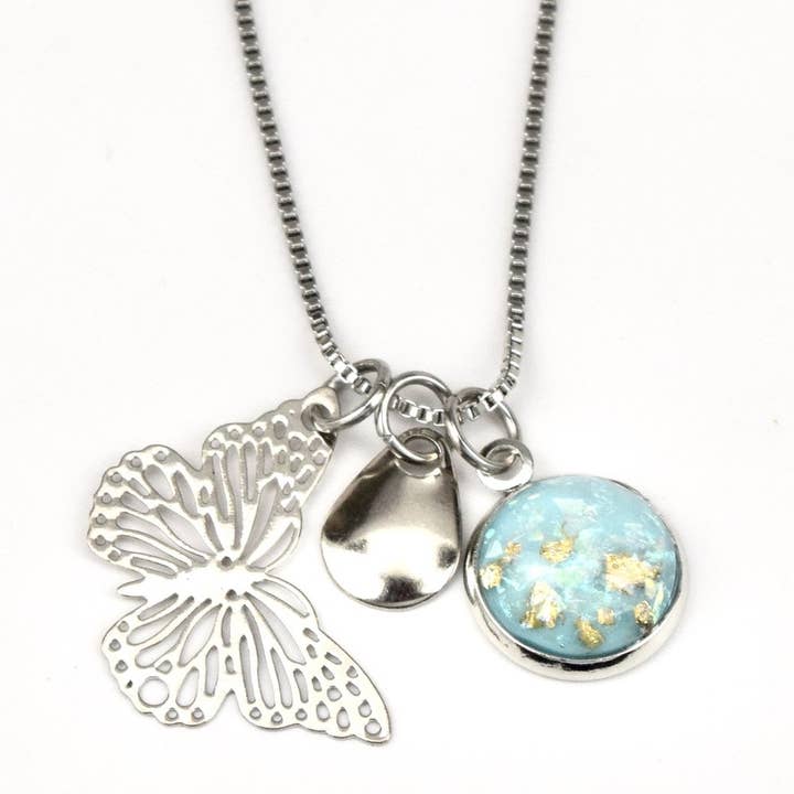 Turquoise Button With Gold Flecks With Butterfly Necklace for wholesale by Eye Catching Jewelry
