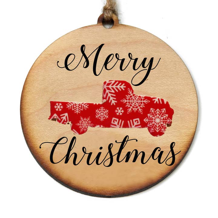 Old Truck Merry Christmas Ornaments for wholesale by Driftless Studios