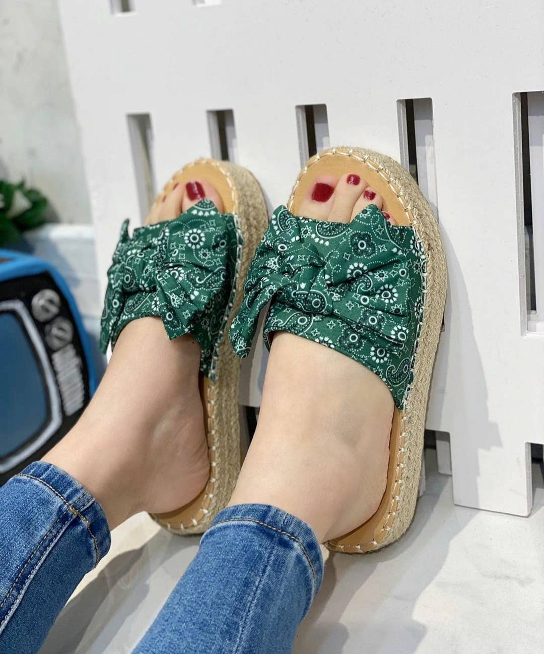 Vera Shop - Vente Sandales – femme - Sandale mule avec nœud en coton et semelle en raphia3