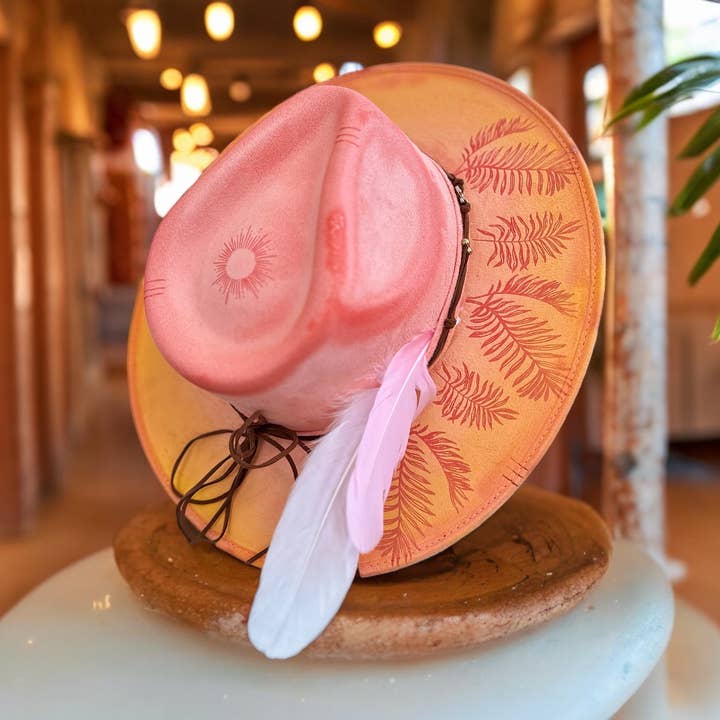 Palm Leaf Tropical Summer Burned Hat Rancher Western Cowboy for wholesale by Wild Indigo