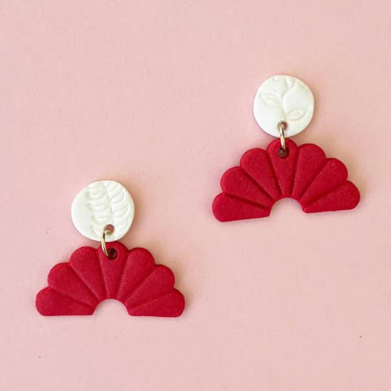 Red & White Textured Fan Polymer Clay Stud Handmade Earrings for wholesale by Lin Clay Studios