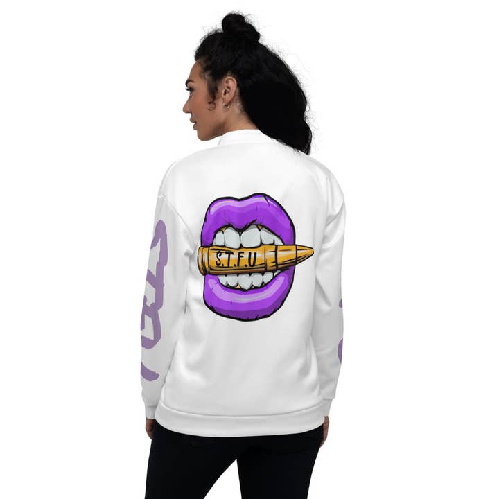 Chaqueta bomber unisex con logotipo morado eléctrico STFU, color blanco para venta al por mayor de STFU