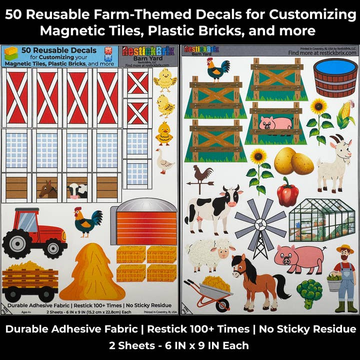 Cour de ferme : Autocollants réutilisables pour personnaliser des tuiles magnétiques, des briques en plastique, et plus encore pour la vente par RestickBrix