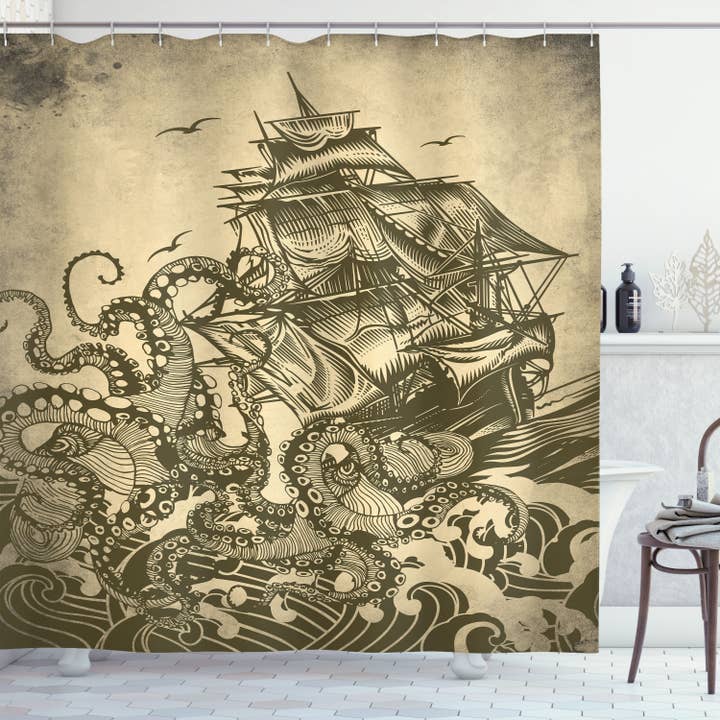 Kraken Octopus Shower Curtain Set Ship in Waves Retro Grunge for wholesale by Ambesonne
