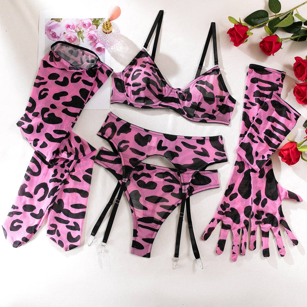 Sweetkama – wholesale Underkläder - Dam – Leopardtryck Sexig Underklädesuppsättning med Strumpeband 30385
