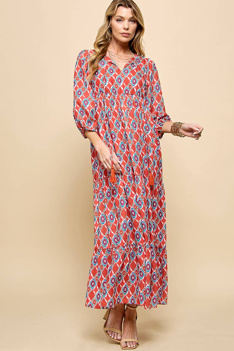 Cezele - Wholesale Dress - Women's - 3/4 Lantern Sleeve Print Boho Maxi Dress20