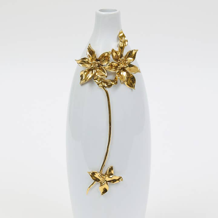 18" White Tall Vase Gold and White Flower Design for wholesale by VIVIENCE
