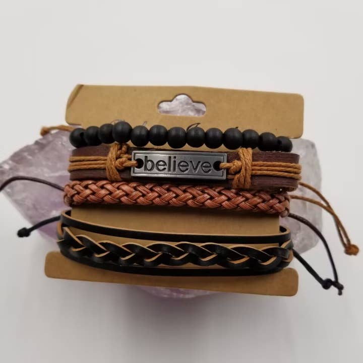 magnolia jewelry - Wholesale Jewelry Set - BELIEVE Braided Black Leather Bracelet for Men - Set Of 4