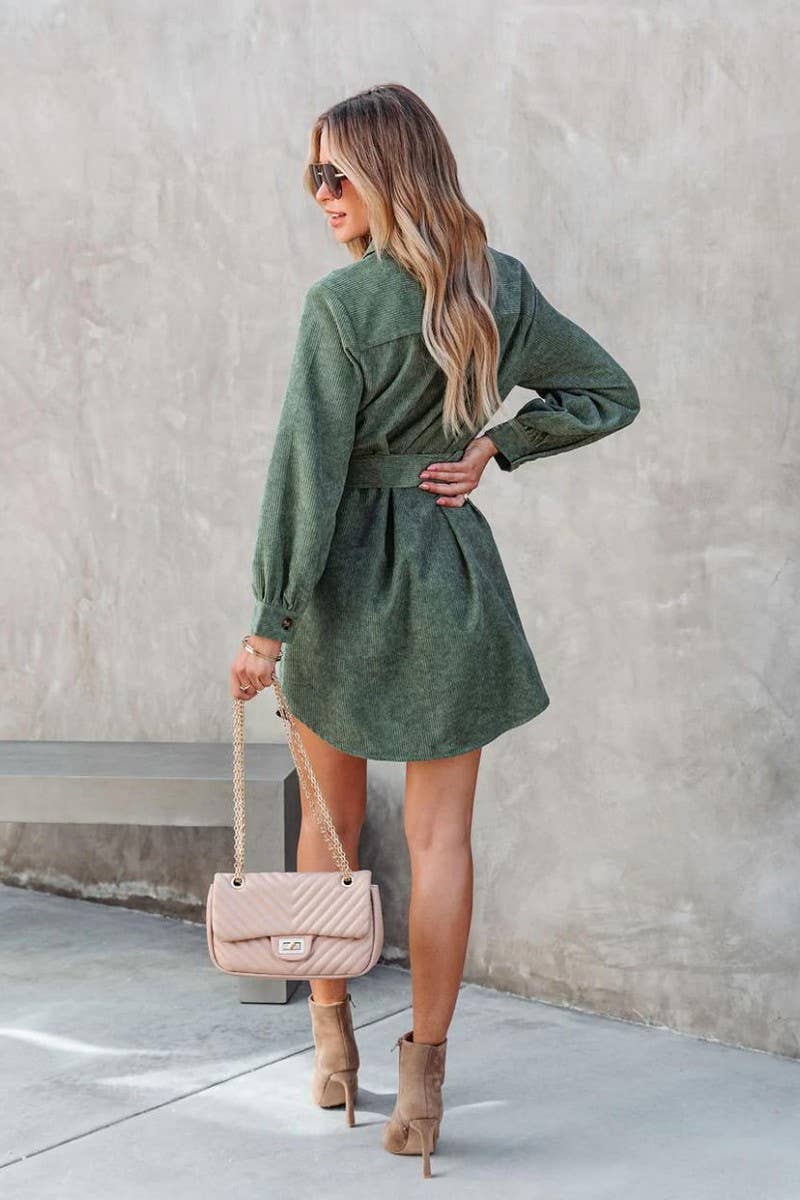 Lily Clothing - Wholesale Dress - Women's - WOMEN BUTTON DOWN CORDUROY BELTED SHORT DRESS_CWDSD17482