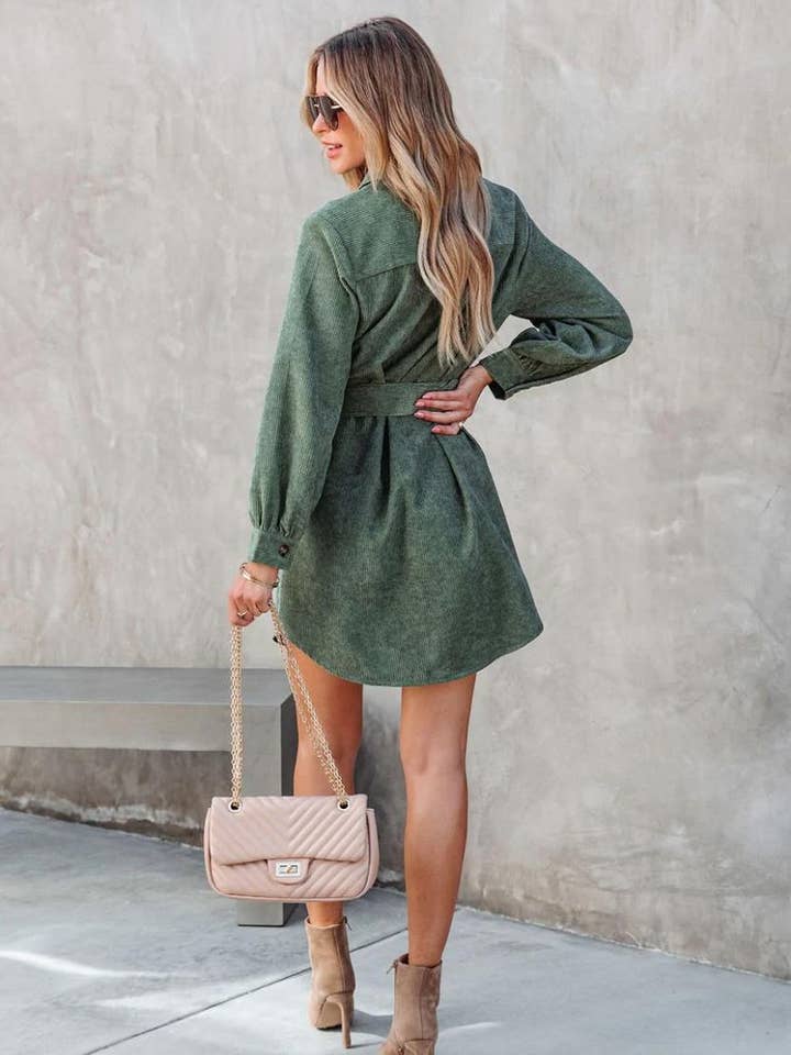 Lily Clothing - Wholesale Dress - Women's - WOMEN BUTTON DOWN CORDUROY BELTED SHORT DRESS_CWDSD17482