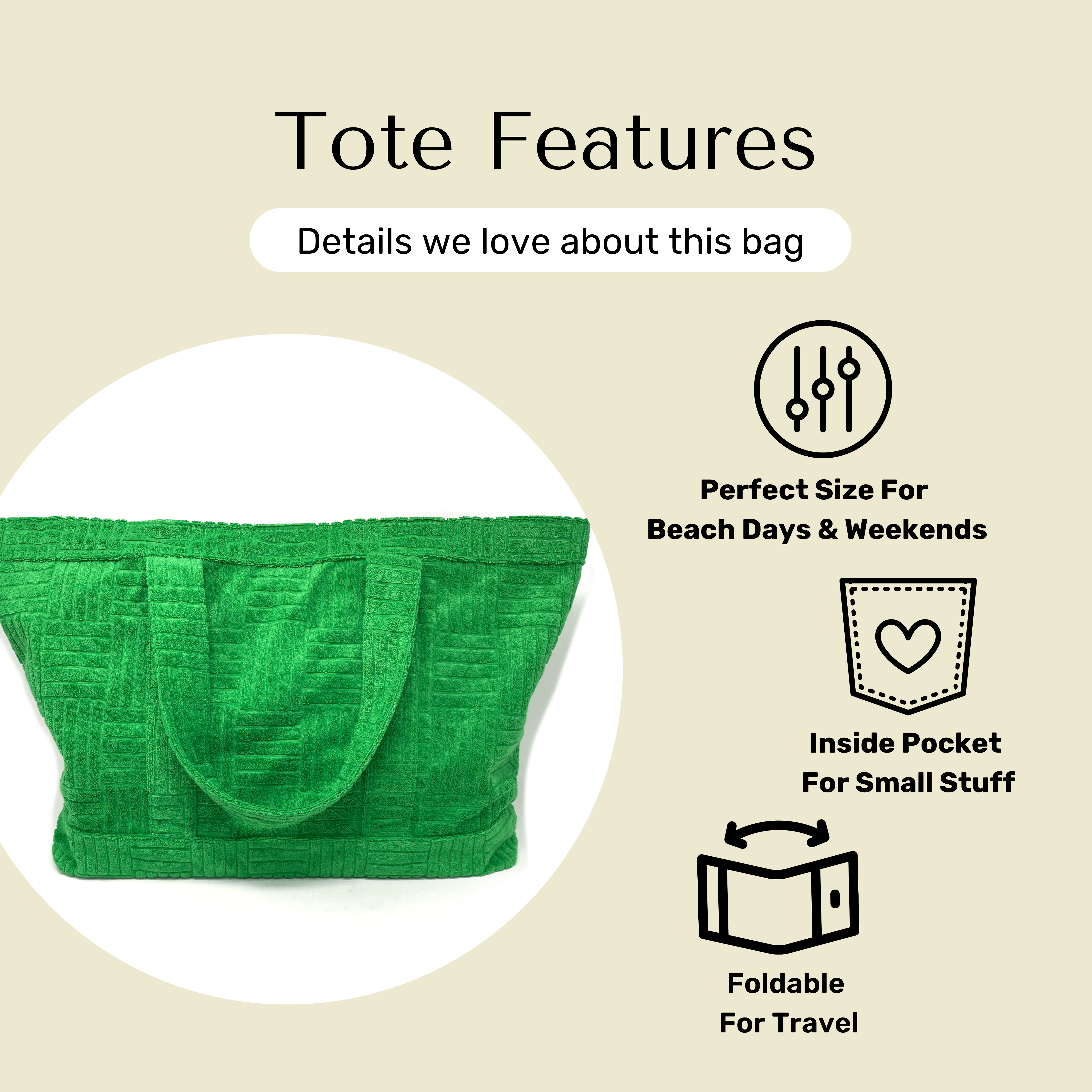 Bette - Wholesale Tote Bag - Women's - Lima Green Terry Weekender Set with Waterproof Clutch6