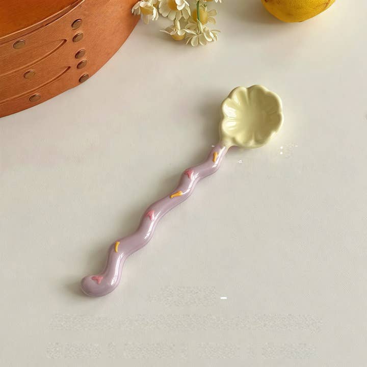 Otterware - Wholesale Table Spoon (Cutlery) - Whimsical Wavy Handle Flower Ceramic Dessert Spoons 4 colors