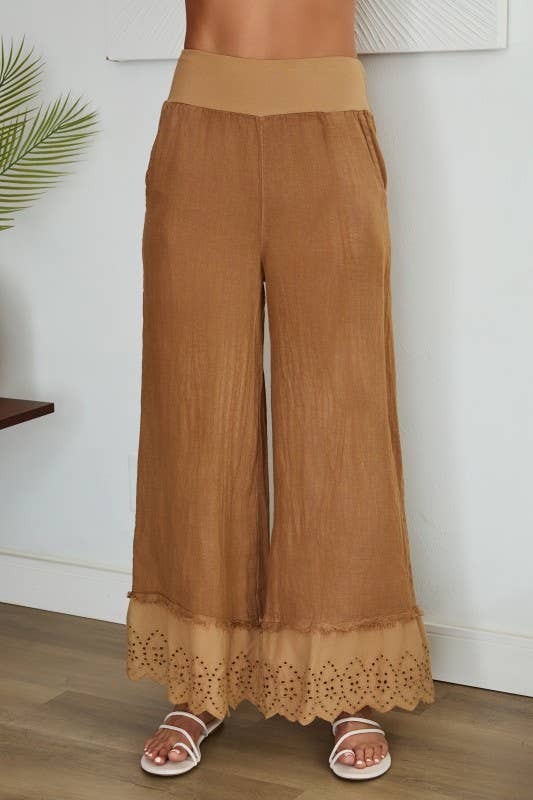 VENTI6 - Wholesale Pants - Women's - EYELET HEM COTTON WIDE LEG LINEN PANTS (19-48)4