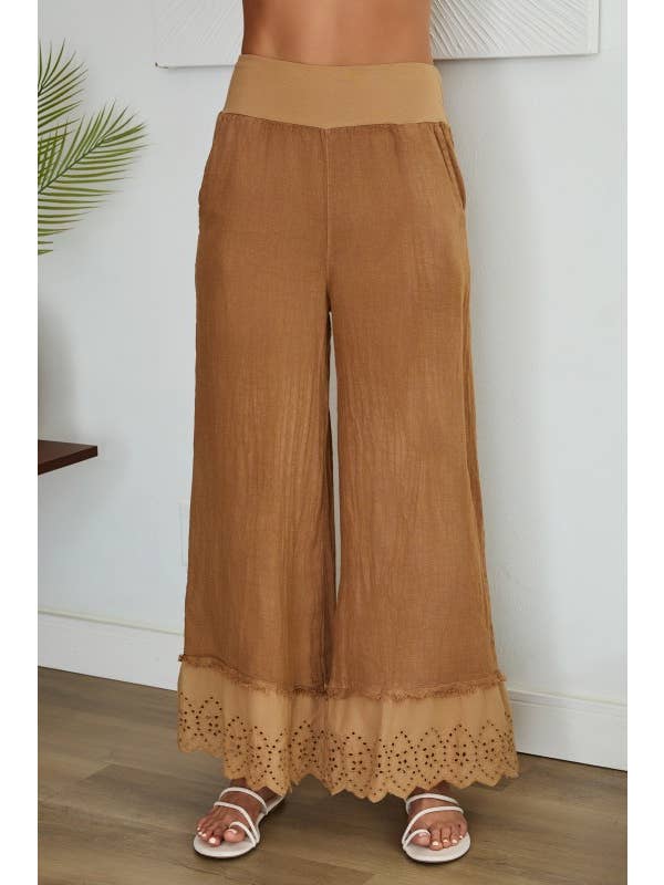 VENTI6 - Wholesale Pants - Women's - EYELET HEM COTTON WIDE LEG LINEN PANTS (19-48)4