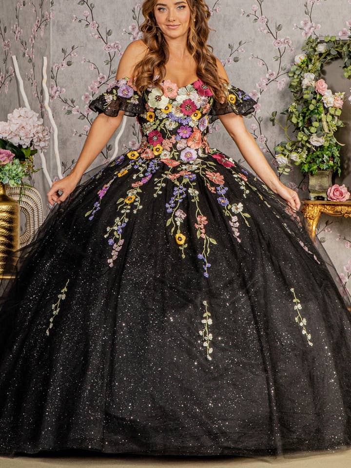 Robe de quinceanera en maille avec appliques florales en 3D avec manches courtes amovibles pour la vente par Tux-USA®