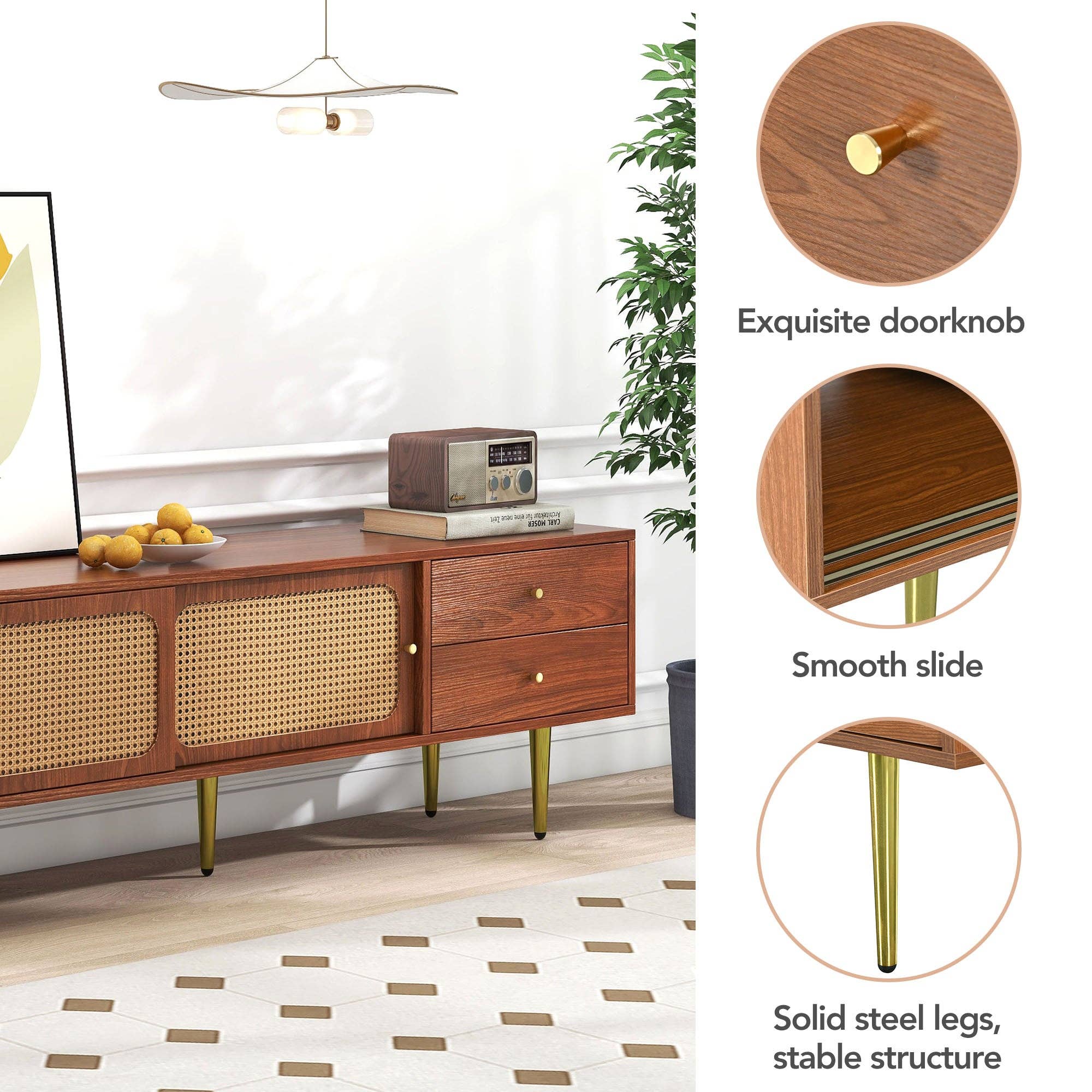 Urban Meuble - Wholesale Console Table - Dark wood effect rattan TV stand with 2 sliding doors, 2 drawers, and gold legs IZEID24