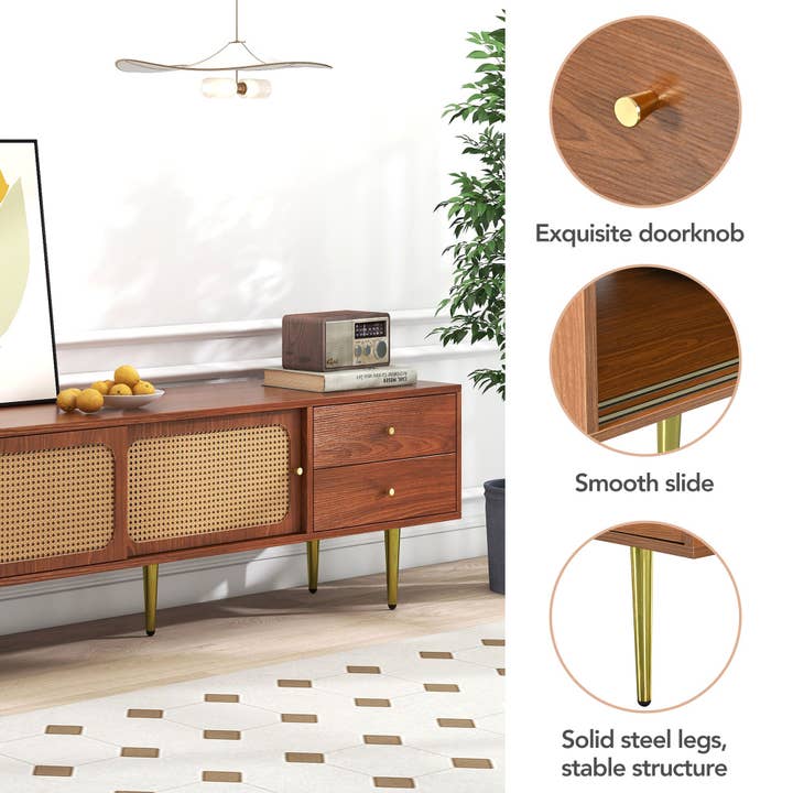 Urban Meuble - Wholesale Console Table - Dark wood effect rattan TV stand with 2 sliding doors, 2 drawers, and gold legs IZEID24