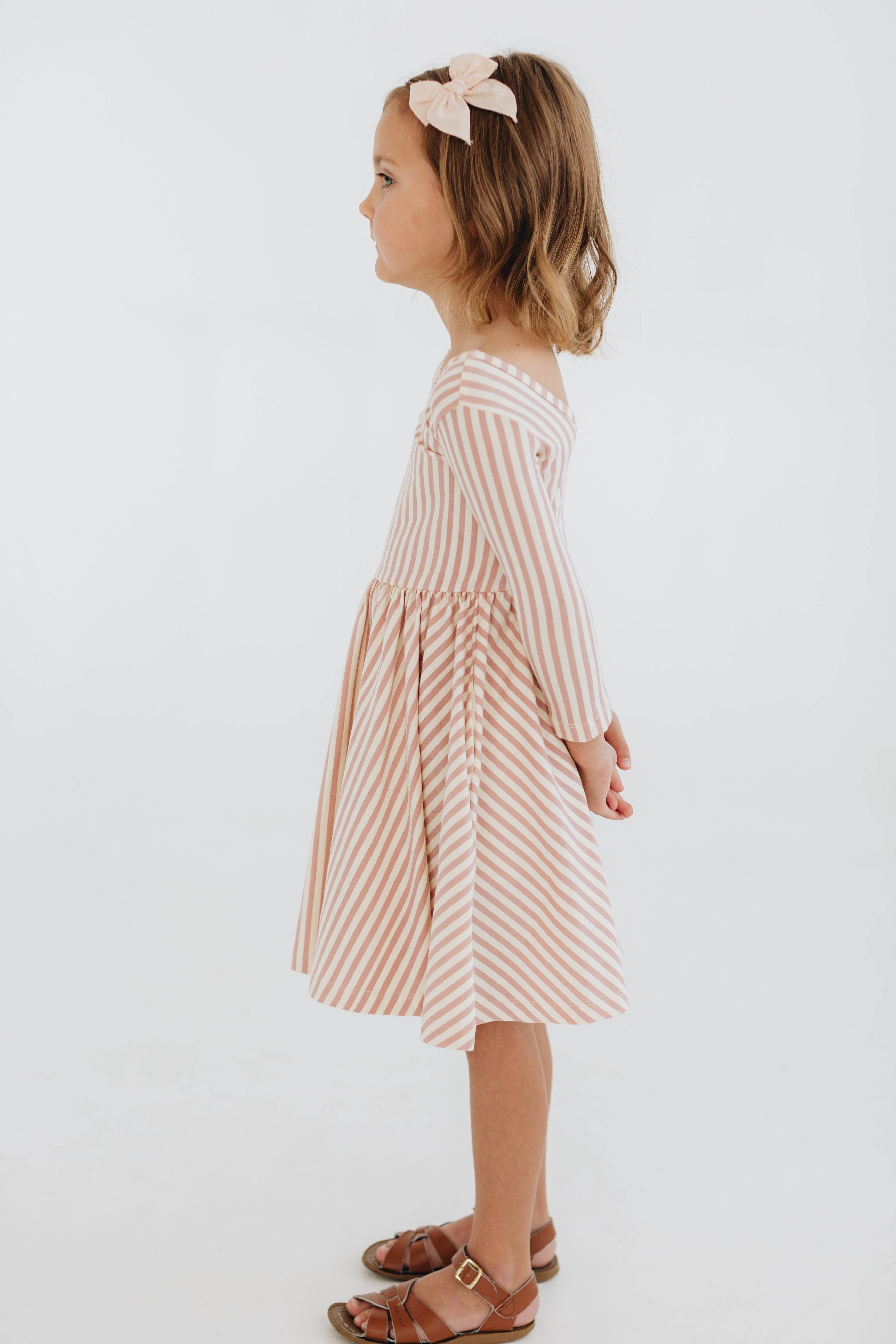 Good Apples Kids - Wholesale Dress - Kids - 3/4 Sleeve Twirl Dress in Vintage Pink Stripes7