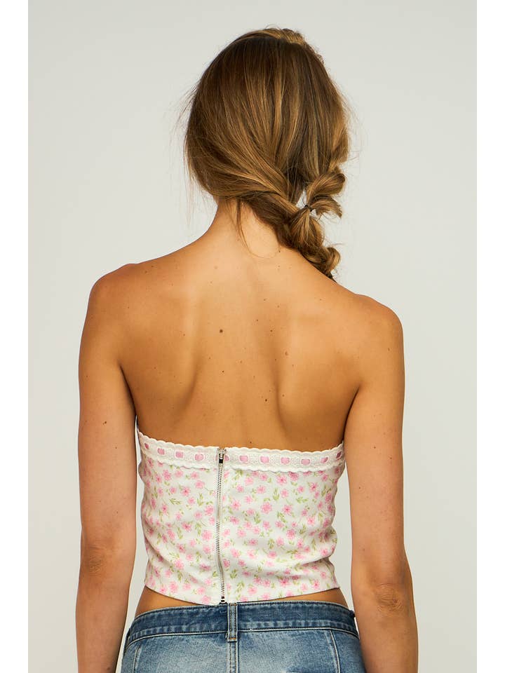 Date With Jannie DITSY FLORAL LACE TRIM BACK ZIPPER TUBE CROP TOP for wholesale on Faire
