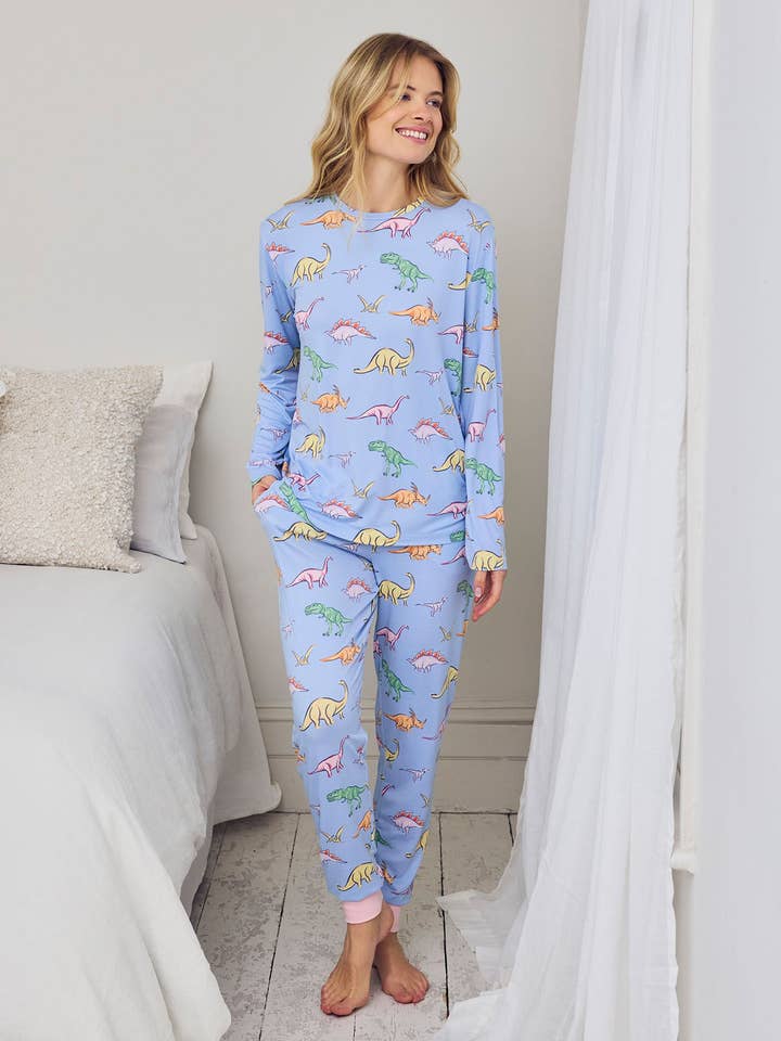 Dinosaur Print Long Pyjama Set - Blue for wholesale by Chelsea Peers