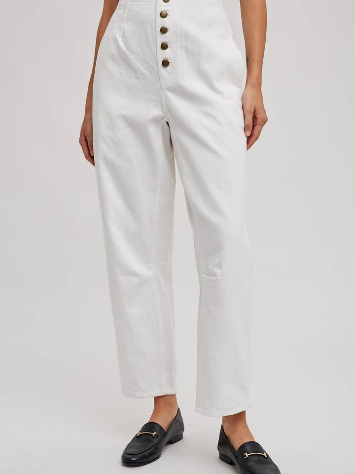HIGH-RISE BUTTON FRONT ANKLE CROPPED SLOUCHY PANTS for wholesale by Bluivy