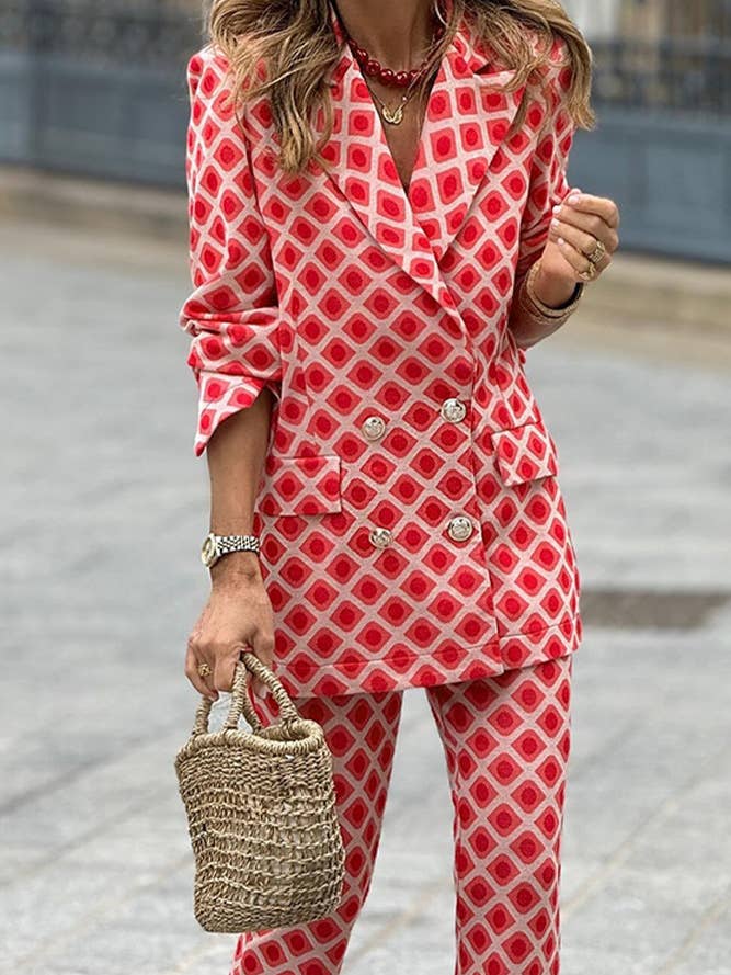 Red Rosy Print Long Sleeves Two Pieces Suit Set JRM091 for wholesale on Faire1