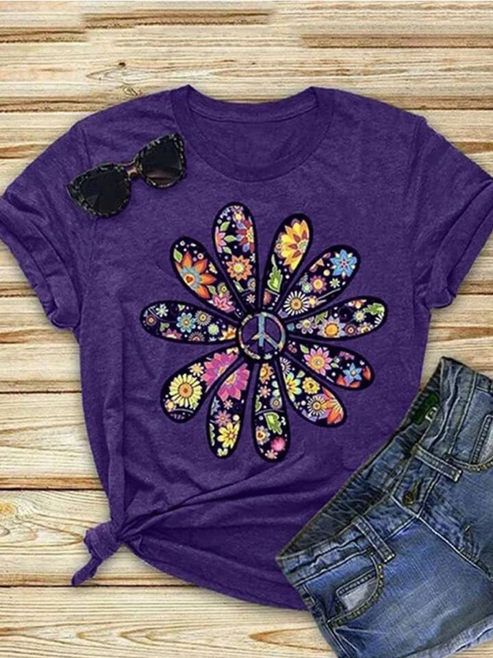 Tourtiwi - Wholesale Screen Printed T-Shirt - Women's - Floral Printed Short-sleeved Round Neck T-shirt