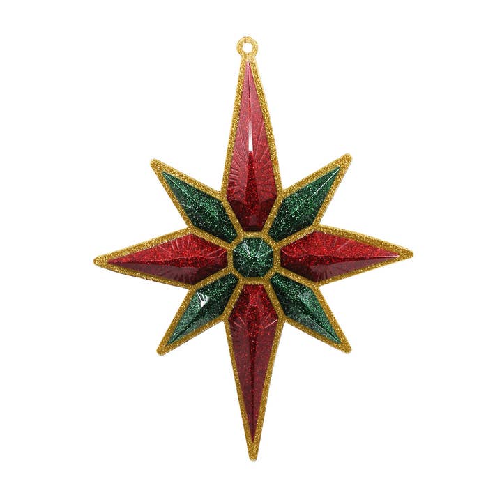 Ornamento a forma di stella di Natale, oro con rosso e verde smeraldo per la vendita all'ingrosso da parte di Very Christmas