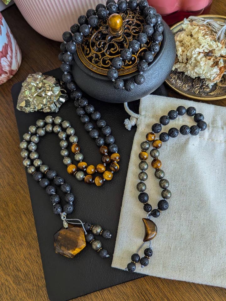 Tigers Eye & Lava Rock 108 Bead Mala with Pyrite for wholesale by Samadhi Mala Beads