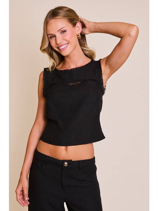 Black SLEEVELESS BOAT NECK FRONT CUT OUT TOP WITH WIDE LEG PANTS for wholesale on Faire