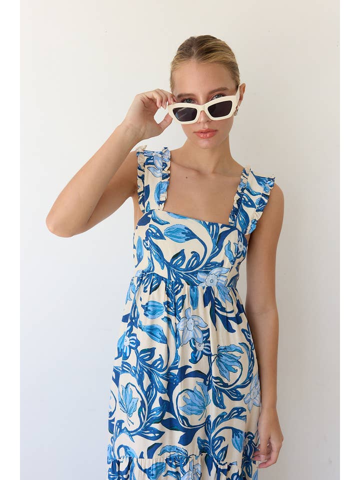 BLUE FLOWER PRINTED MAXI DRESS WITH BACK SMOCKING - RD1154 for wholesale on Faire